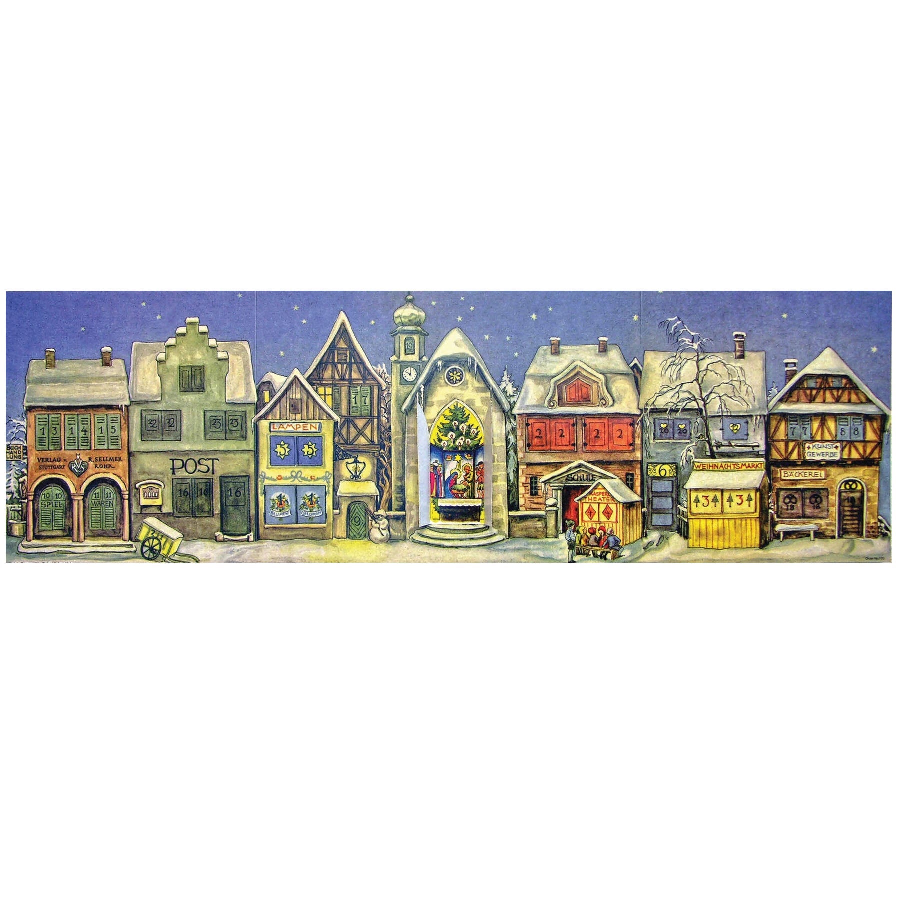Calendario de adviento de papel "La pequeña ciudad" de 1946