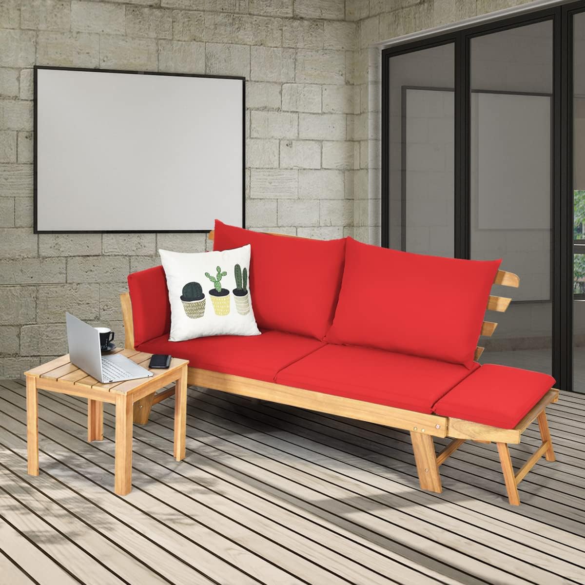 COSTWAY Ławka ogrodowa z funkcją leżenia, sofa ogrodowa z poduszkami i składanym podłokietnikiem, ławka balkonowa z drewna akacjowego, sofa balkonowa, sofa ogrodowa do ogrodu, na taras, balkon, 198 x