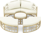 GIANTEX Sofa rozkładana okrągła z wysuwaną markizą, 5-częściowy zestaw mebli ogrodowych PE modułowy leżak rattanowy, zestaw mebli ogrodowych 180 x 150 cm, na werandę, tył, basen, beżowy