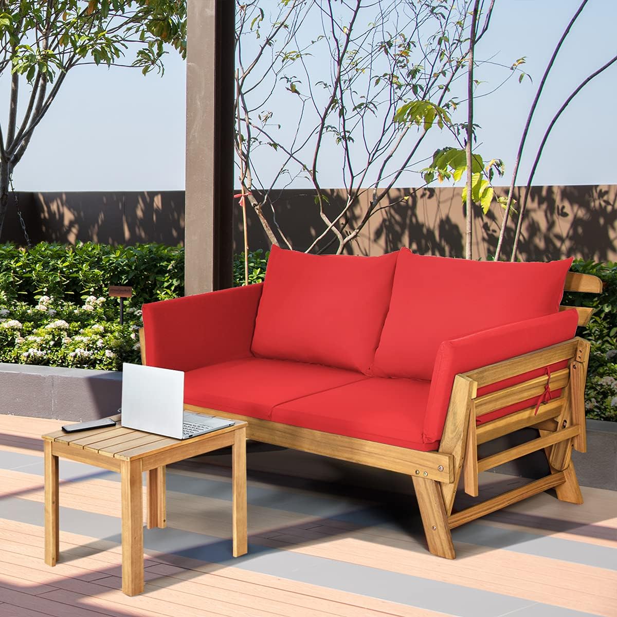 COSTWAY Ławka ogrodowa z funkcją leżenia, sofa ogrodowa z poduszkami i składanym podłokietnikiem, ławka balkonowa z drewna akacjowego, sofa balkonowa, sofa ogrodowa do ogrodu, na taras, balkon, 198 x