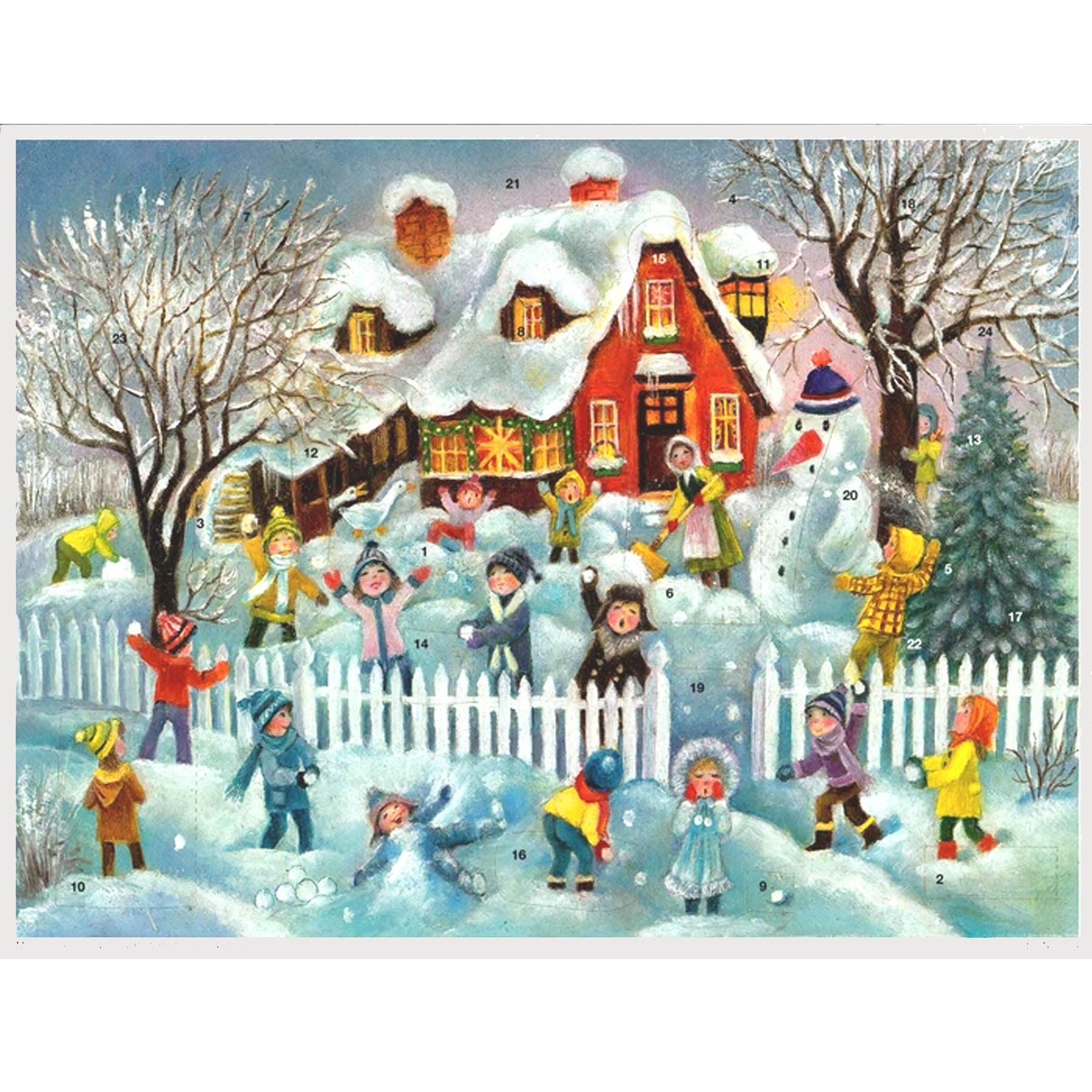 Calendario de Adviento "Batalla de bolas de nieve frente a la casa"
