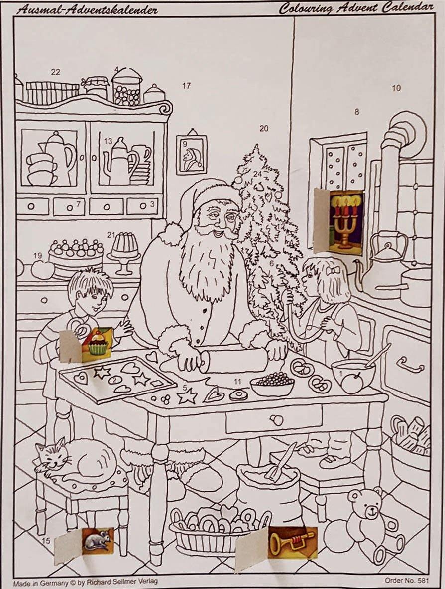 Calendario de Adviento para colorear "Hornear con Papá Noel"