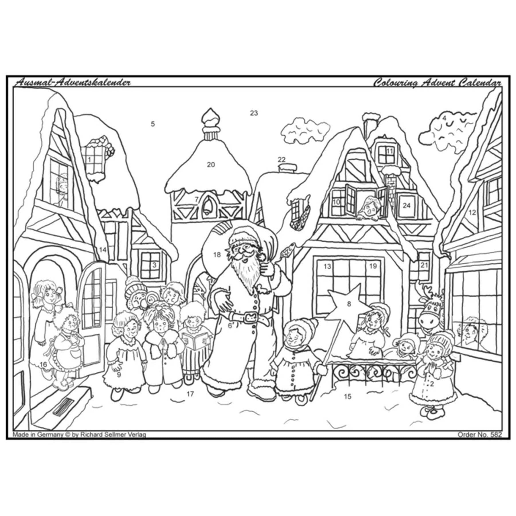 Calendario de Adviento para colorear "Papá Noel llega a la ciudad"