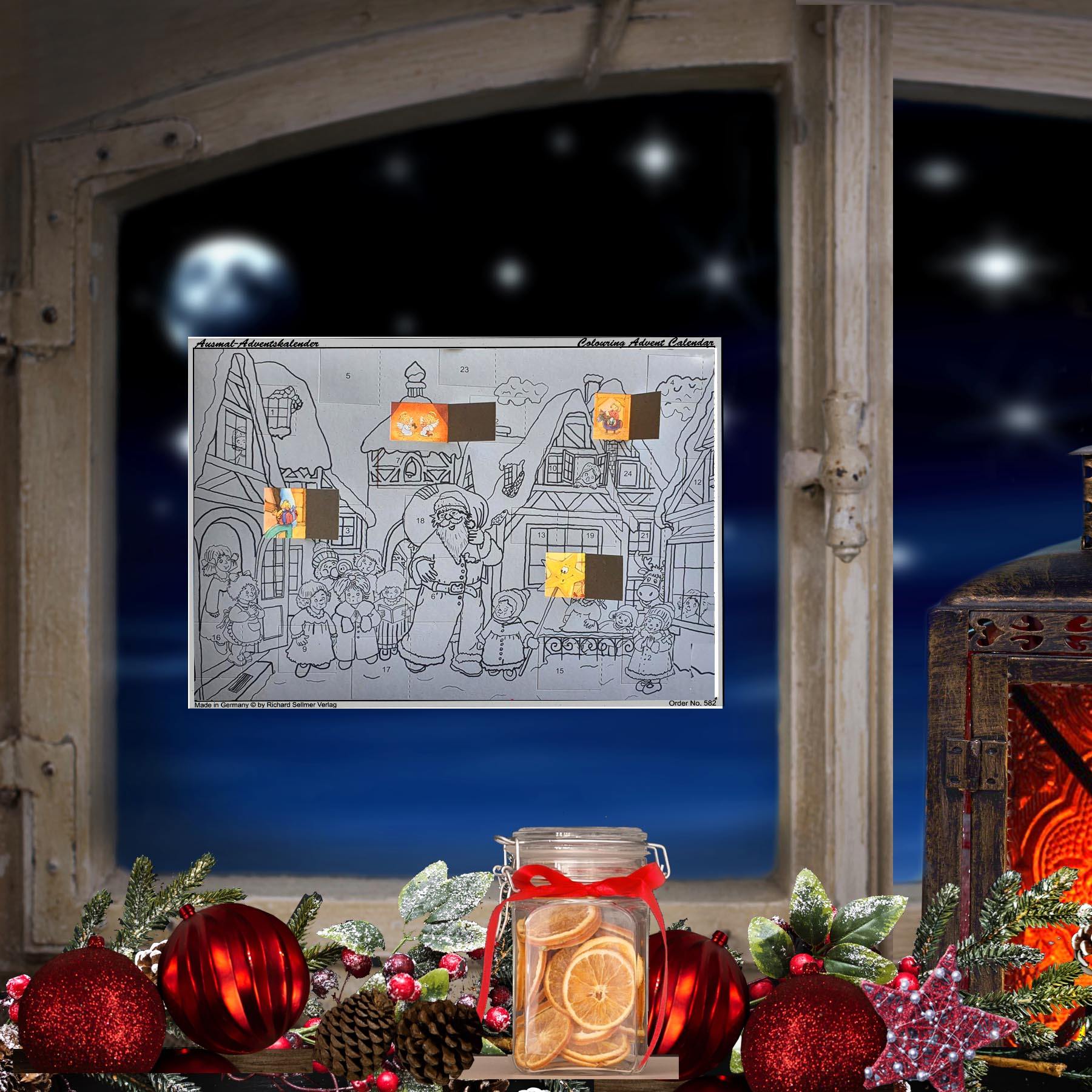 Calendario de Adviento para colorear "Papá Noel llega a la ciudad"