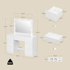 WOLTU MB6124ws Toaletka z oświetleniem i wieloma gniazdkami, toaletka z dużym lustrem LED i 7 szufladami, biurko do makijażu, 110 x 39,5 x 140,5 cm, biała nowoczesna komoda do sypialni