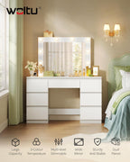 WOLTU MB6124ws Toaletka z oświetleniem i wieloma gniazdkami, toaletka z dużym lustrem LED i 7 szufladami, biurko do makijażu, 110 x 39,5 x 140,5 cm, biała nowoczesna komoda do sypialni