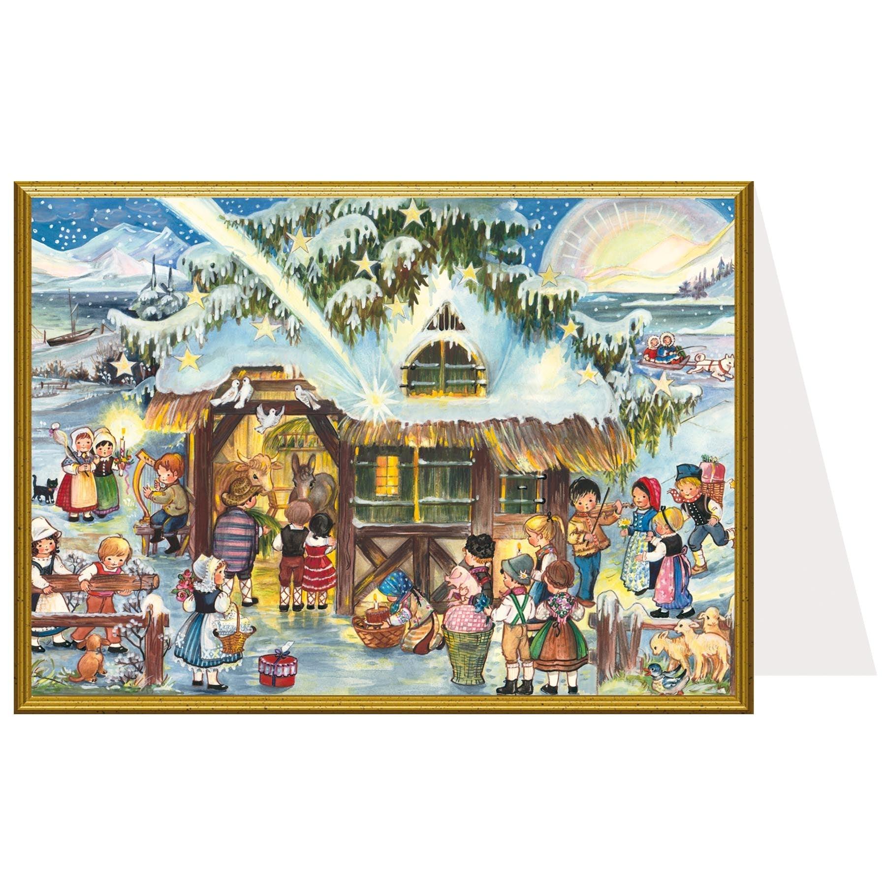 Tarjeta de Navidad "Bullicio colorido en el establo"